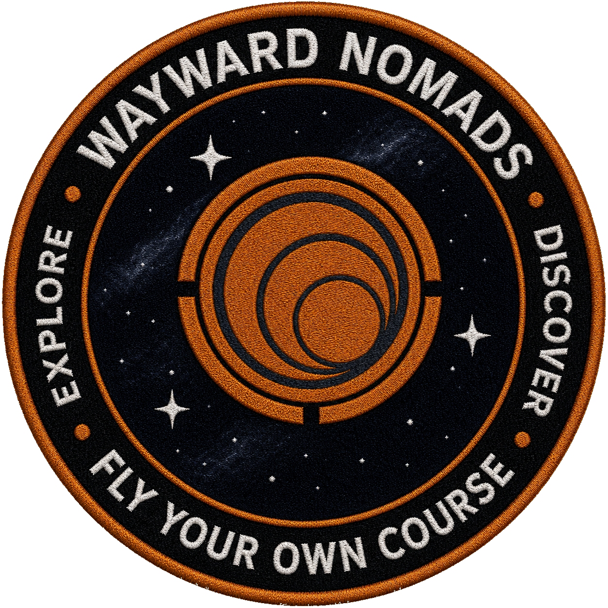 Wayward Nomads squadron patch: a stylized wormhole ringed with the words Explore, Discover, Fly Your Own Course